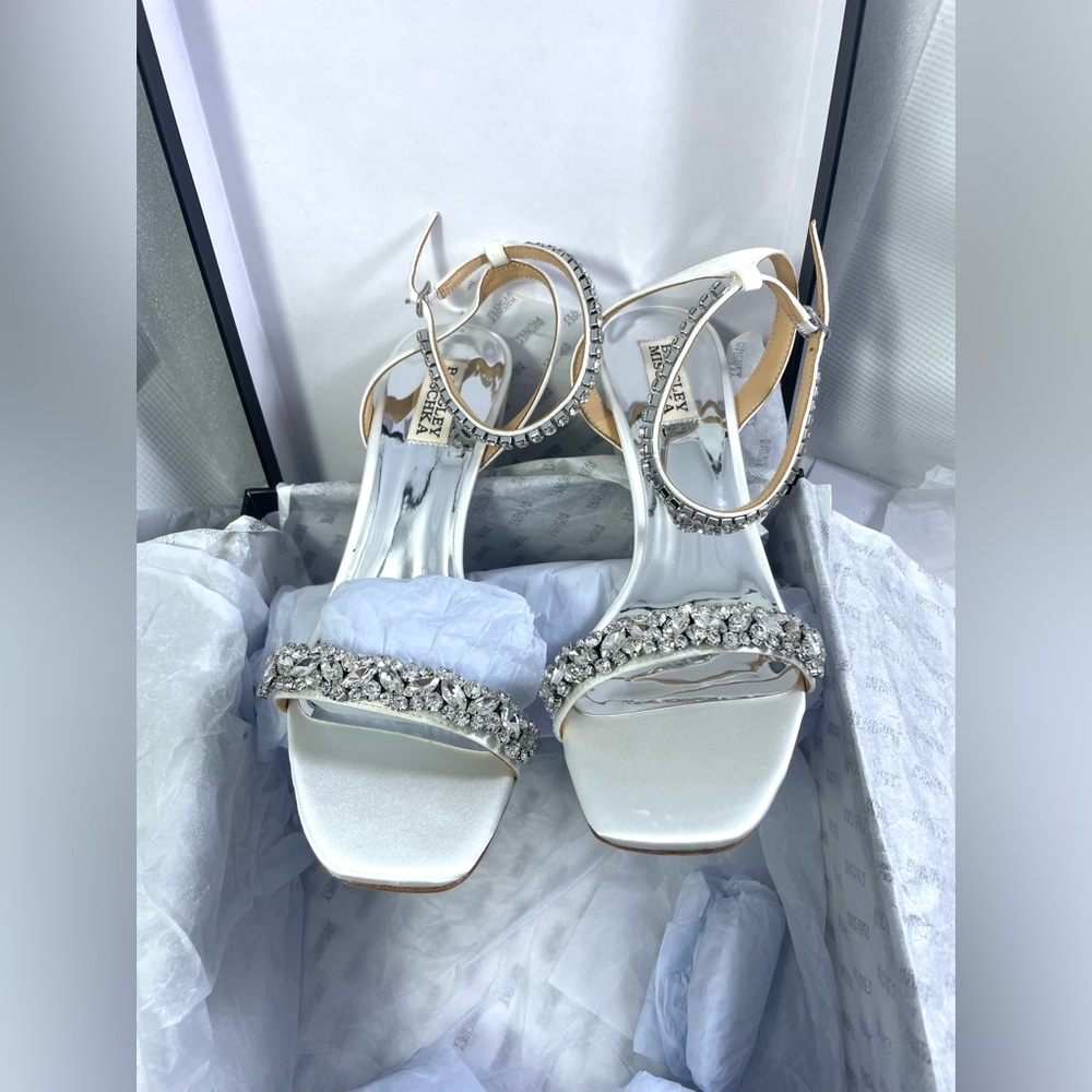 Badgley Mischka Tasmine Tall Evening Sandals. White Satin. - Picture 4 of 14